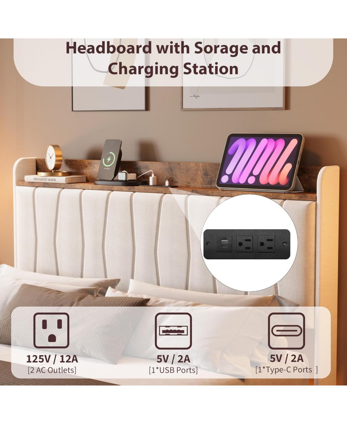 gaomon Full Size Floating Bed Frame with Rgb Led Lights, Usb Charging Station, Upholstered, No Box Spring Needed, White