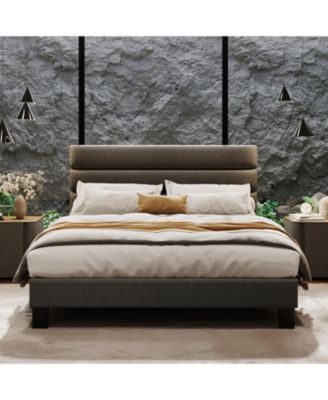 Full Size Platform Bed Frame with Adjustable Headboard, Linen Upholstery, Wood Slats, No Box Spring Needed, Dark Grey