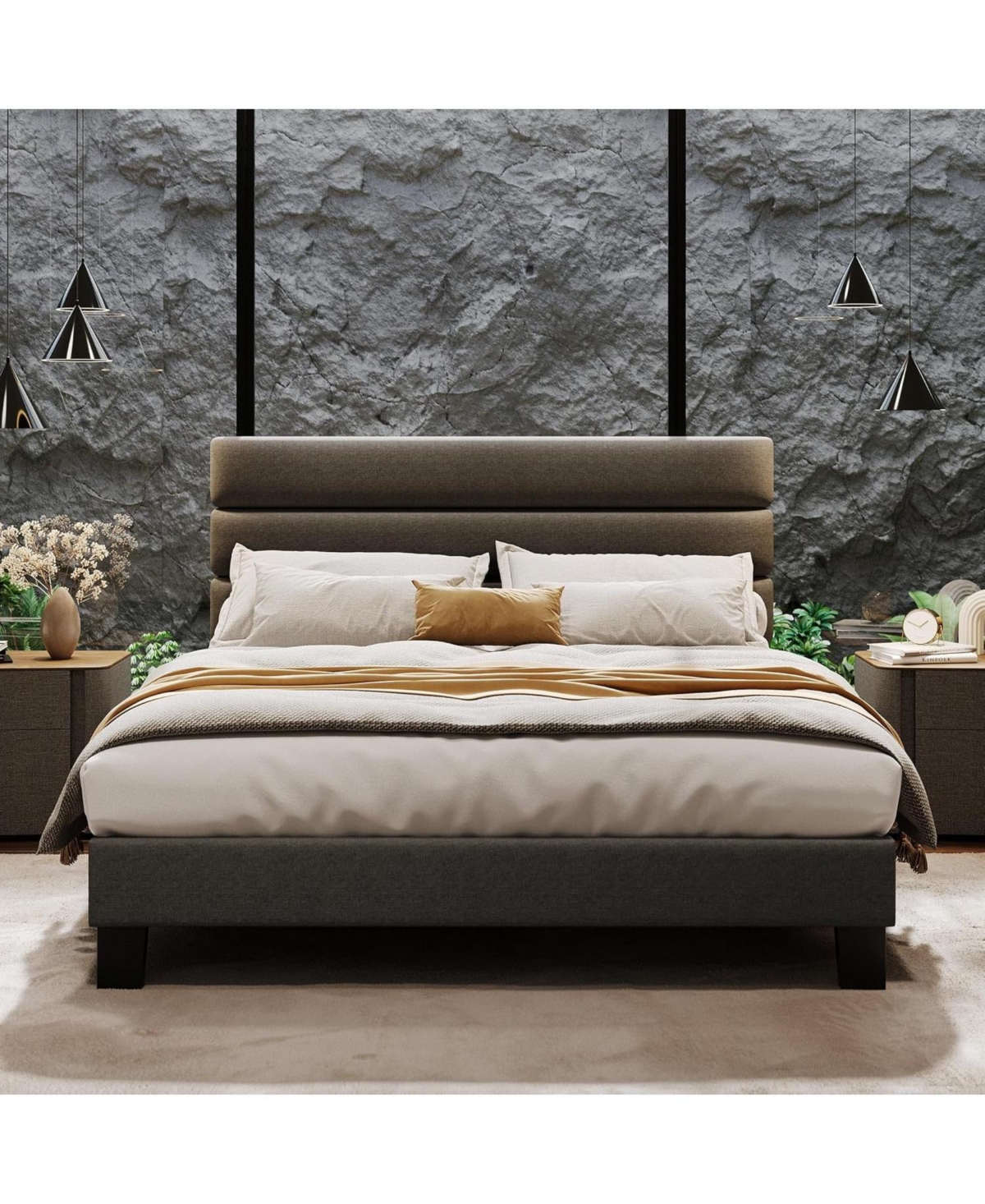 gaomon Full Size Platform Bed Frame with Adjustable Headboard, Linen Upholstery, Wood Slats, No Box Spring Needed, Dark Grey