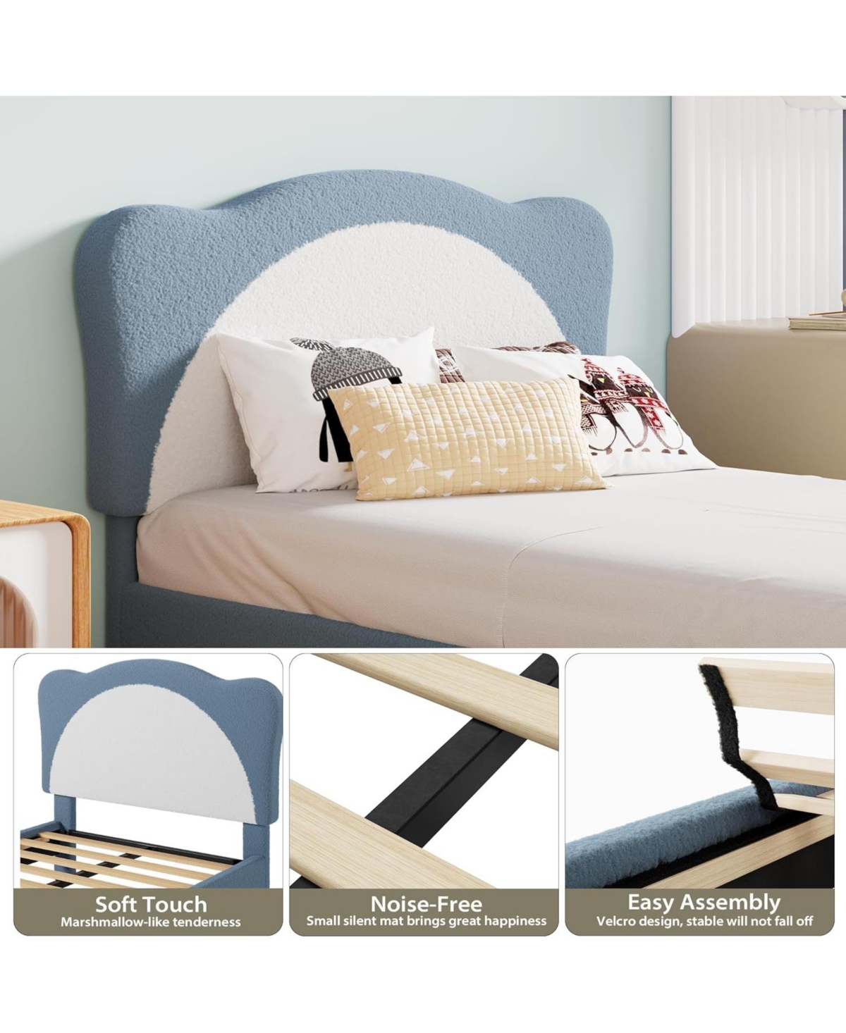 gaomon Full Size Kids Upholstered Bed Frame with Adjustable Scallop Velvet Headboard, Princess Platform