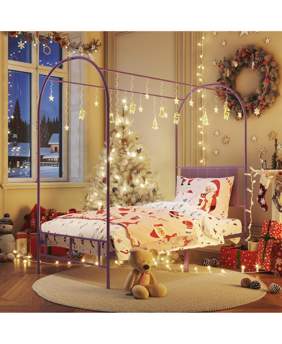Twin Size Canopy Bed Frame with Upholstered Headboard, Underbed Storage, Decorative Arched Metal, Purple