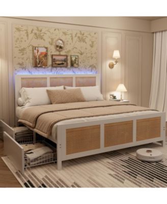 Full Size Rattan Accent Storage Bed with 4 Drawers, Woven Front, LED Lights, White MDF Frame