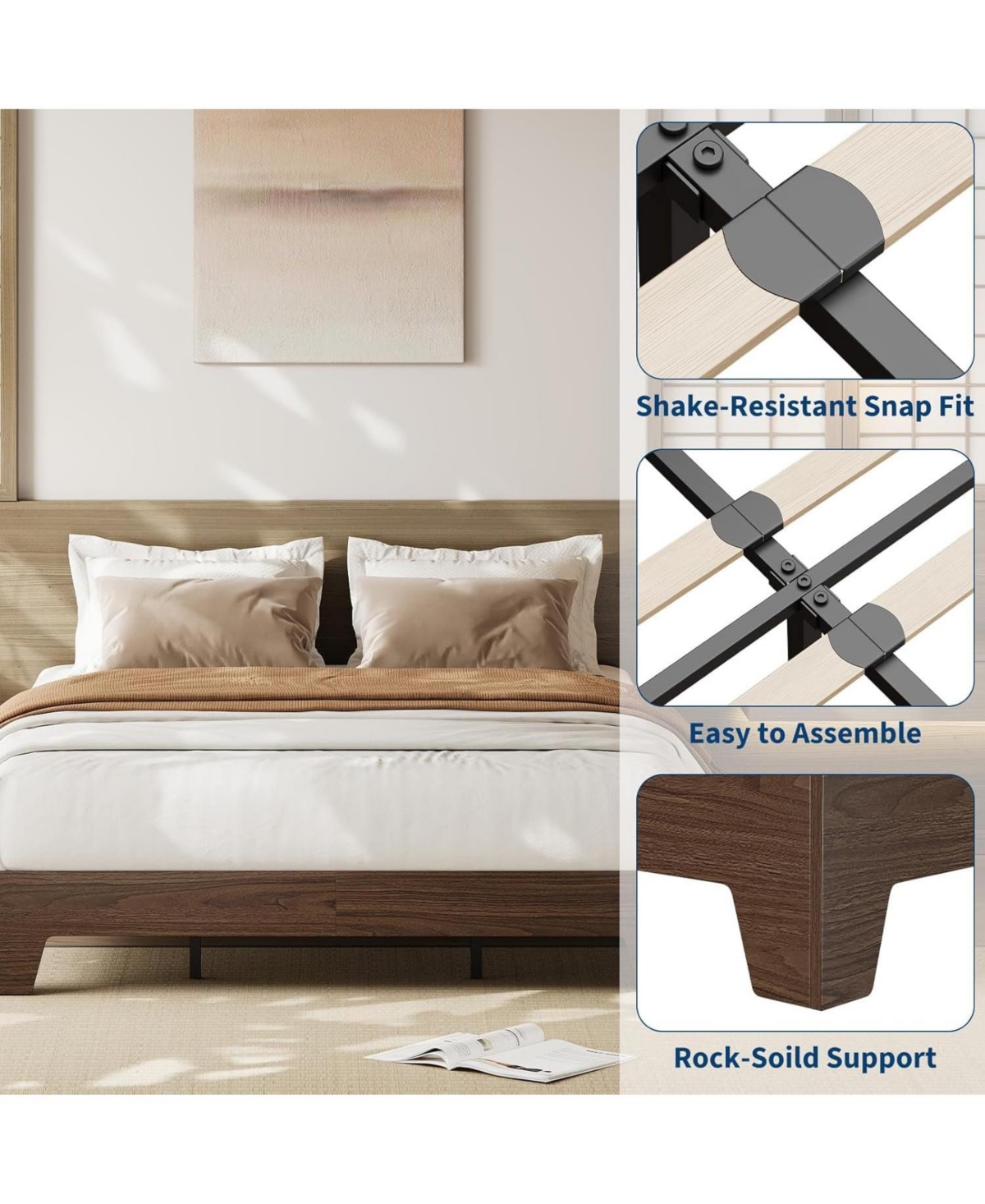 Queen Platform Bed Frame with Underbed Storage 10.24" Clearance Wood & Metal Slats No Headboard No Box Spring Walnut