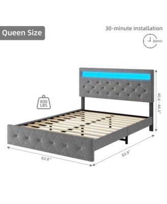 Queen Size Upholstered Platform Bed Frame with LED Headboard USB Fast Charging No Box Spring Needed Gray