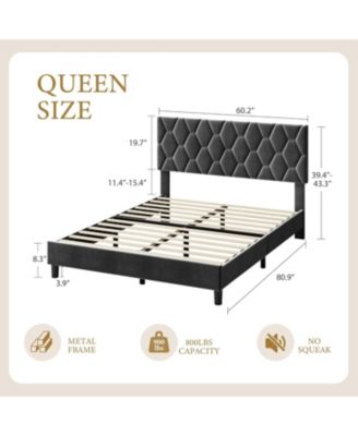 Queen Bed Frame Grey Upholstered Headboard Heavy Duty Platform Strong Wood Slats No Box Spring Noise Free