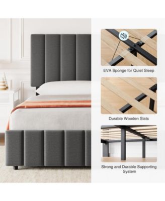 Full Linen Upholstered Platform Bed Frame 4 Storage Drawers Adjustable Headboard Wooden Slats