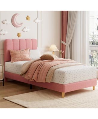 Twin XL Bed Frame Boucle Upholstered Wave Headboard Kids Girls Wooden Slats No Box Spring Light Pink