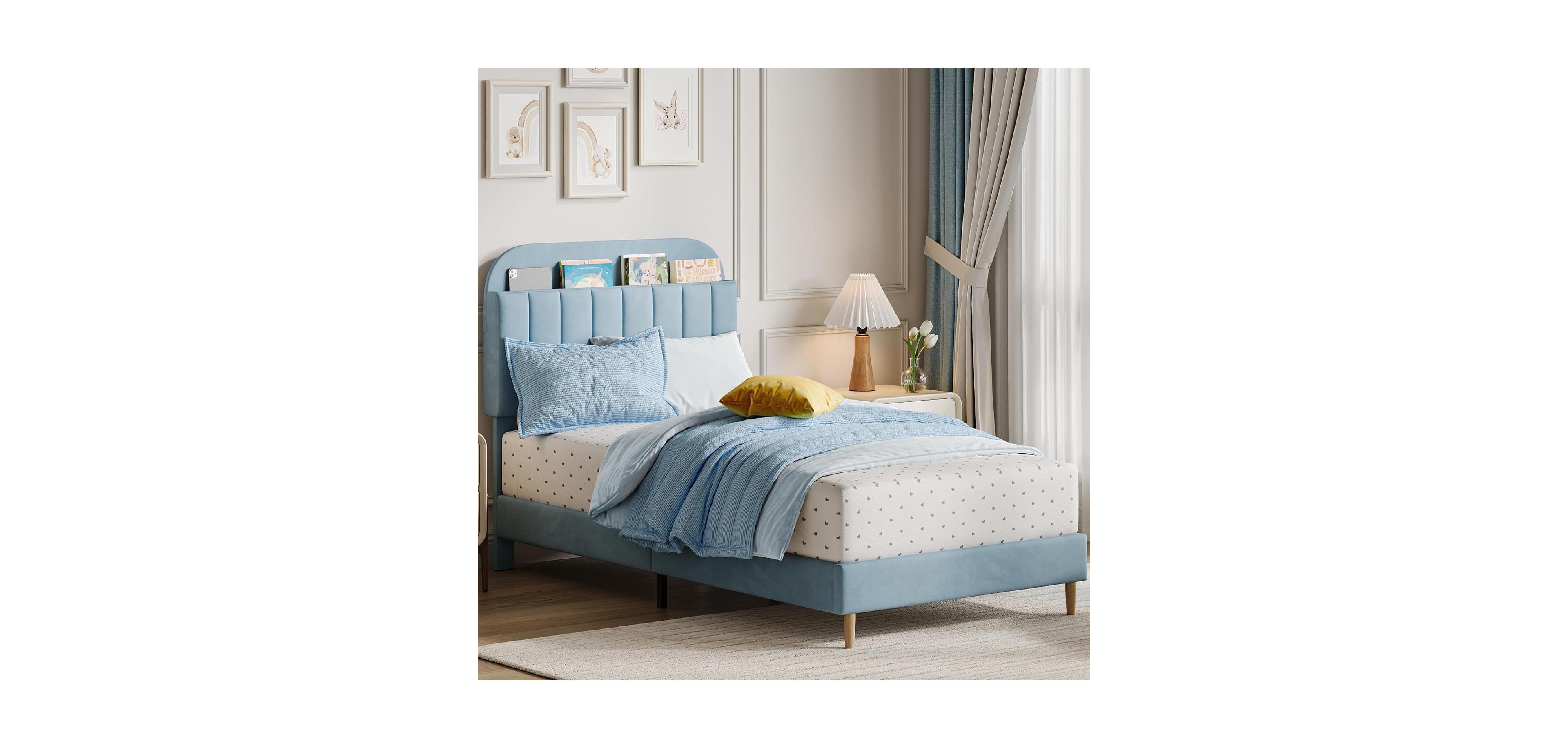 gaomon Twin Bed Frame with Storage Headboard Velvet Upholstered Platform for Boys Wooden Slats Noise Free Easy Assembly No Box Spring