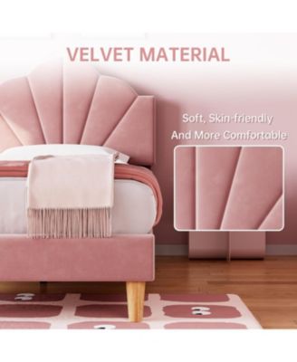 Twin XL Bed Frame Velvet Upholstered Adjustable Headboard for Boys Girls Wooden Slats No Box Spring Needed Light Pink