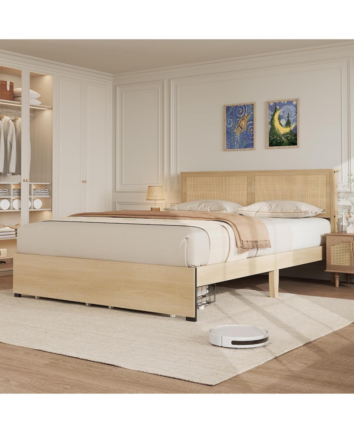 gaomon King Size Rattan Bed Frame with Wood Headboard, 2 Storage Drawers, Rgb Led Lights, Boho Platform, No Box Spring, Natural