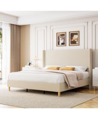 King Size Corduroy Upholstered Bed Frame Platform Tall Vertical Stripe Wingback Headboard No Box Spring Wooden Slats Beige