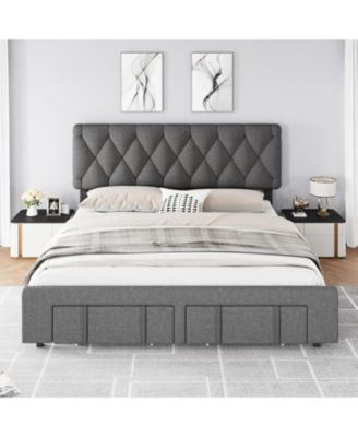 Queen Size Upholstered Platform Bed Frame Storage Drawers Wooden Slats No Box Spring Needed Grey