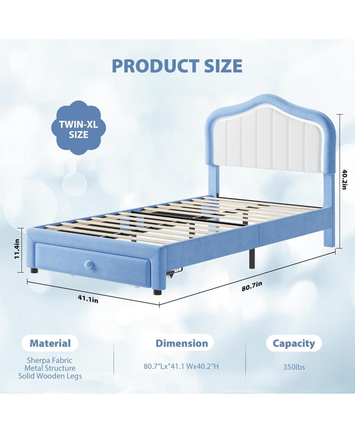 gaomon Twin Upholstered Bed Frame Storage Drawer Smart Led Headboard Princess Platform for Kids Girls Wooden Slats Blue White