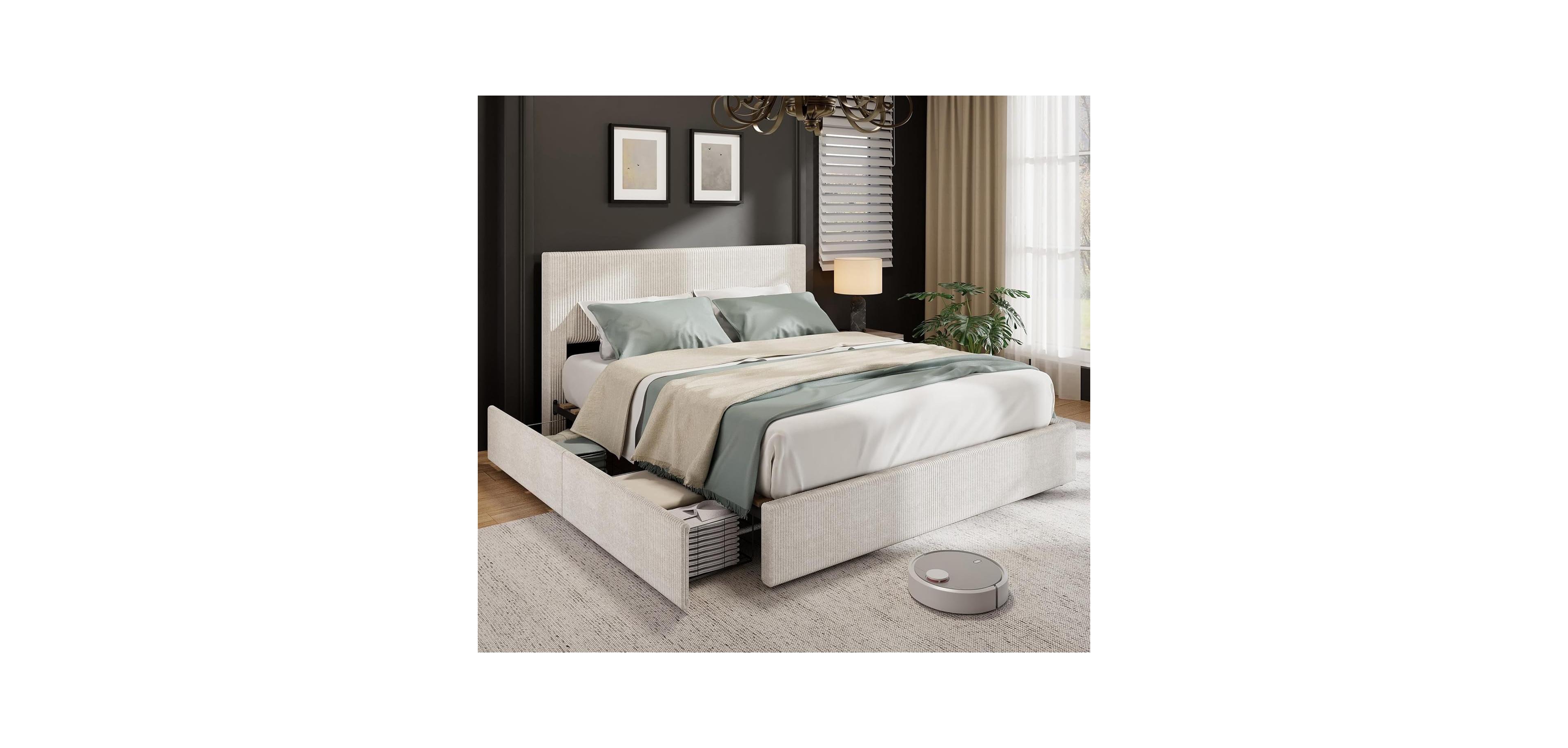 gaomon Full Size Upholstered Platform Bed Frame 4 Storage Drawers Corduroy Tufted Wingback Headboard Wood Slats No Box Spring Beige