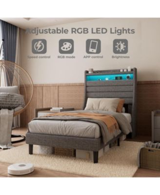 Twin Size Upholstered Platform Bed Frame with Headboard Charging Station LED Lights Wooden Slats No Box Spring Grey