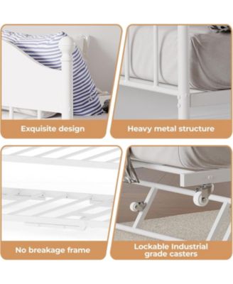 Twin Size Metal Daybed with Pop Up Foldable Trundle Stylish Headboard Sofa Bed Heavy Duty Steel Slats White