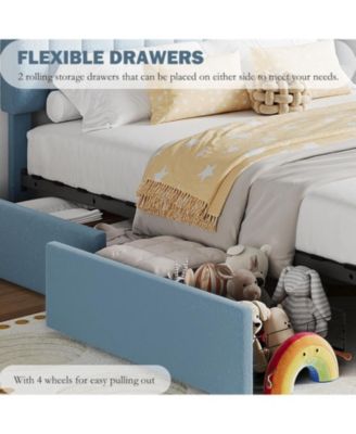 Boucle Upholstered Full-Size with Storage Headboard, Bookcase & 2 Drawers, No Box Spring Platform Bed Frame