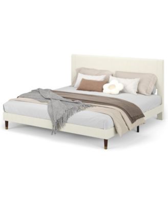 King Size Upholstered Platform Bed Frame Modern Fabric Headboard Metal Frame Wooden Slats Double Support No Box Spring Beige