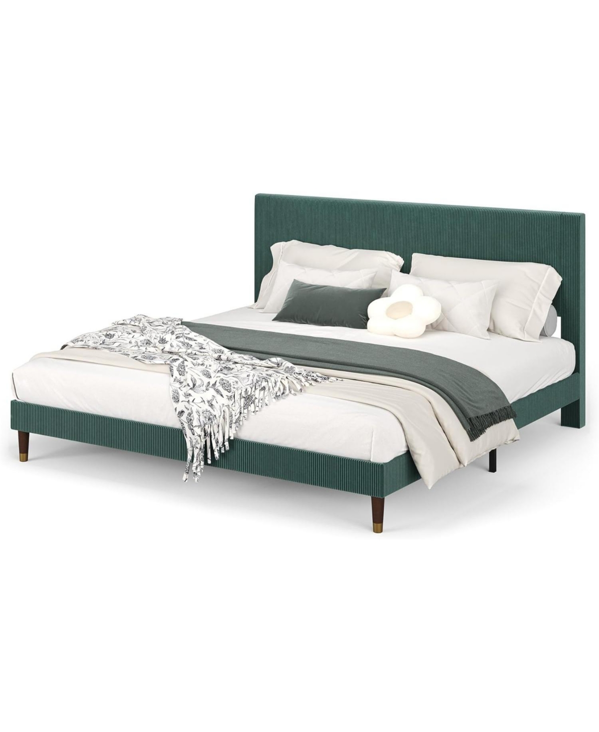 gaomon King Size Upholstered Platform Bed Frame Modern Fabric Headboard Metal Frame Wooden Slats Double Support No Box Spring Green