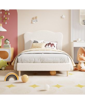 Full Size Bed Frame for Kids with Scallop Headboard, Cute Velvet Twin Bed for Girls, Boys, Sturdy Platform Bed