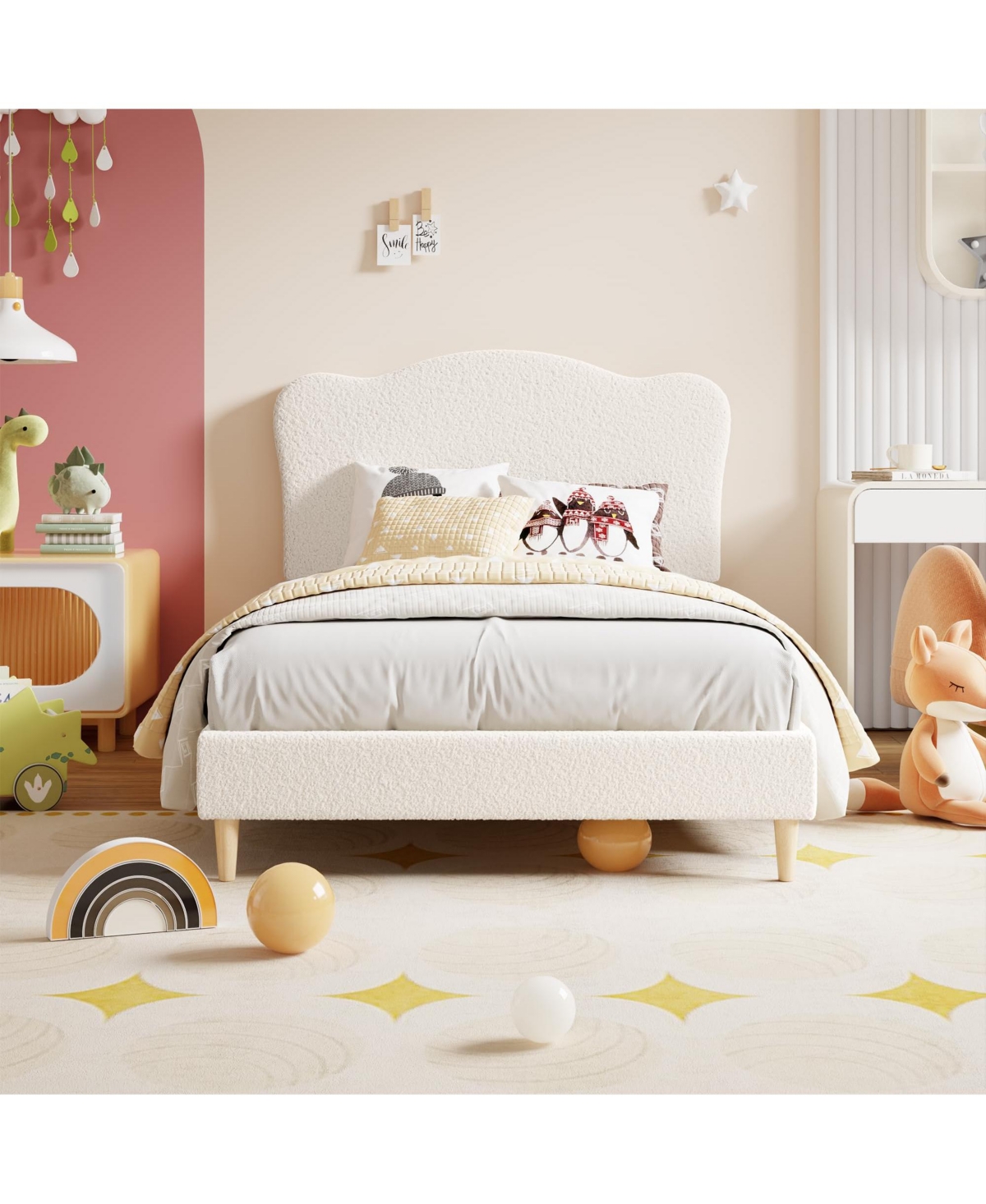 gaomon Full Size Bed Frame for Kids with Scallop Headboard, Cute Velvet Twin Bed for Girls, Boys