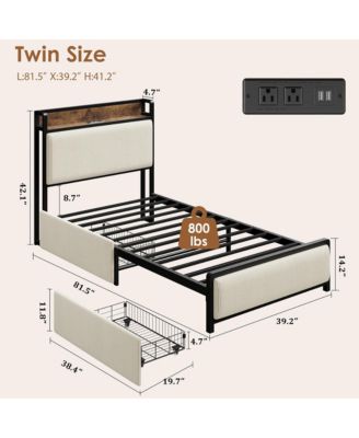 Twin Size Bed Frame with 2 Storage Drawers and Charging Station