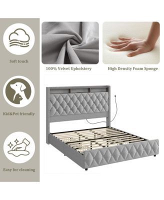King Bed Frame with 50.8" Tall Headboard, Platform Velvet Upholstered Bed Frame with 4 Storage Drawers