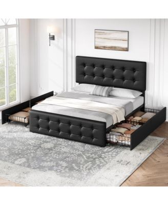 Full Bed Frame with Headboard and 4 Storage Drawers, Platform Bed Frame Square Stitched Button Tufted
