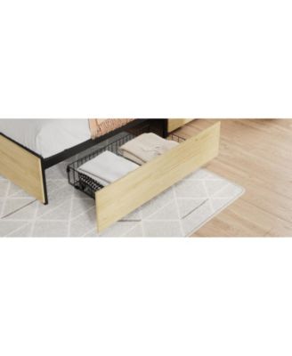 Queen Bed Frame with Natural Rattan Headboard, 4 Storage Drawers, Slats, Bohemian-Style Cane Mattress Support