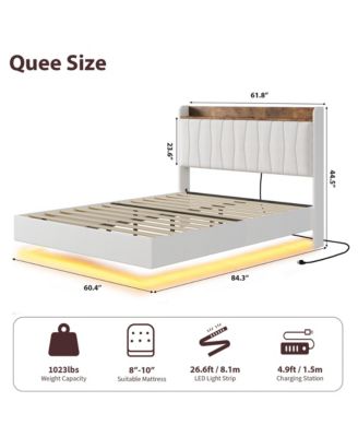 Floating Bed Frame Queen with LED Lights & USB Charging Station – Modern Upholstered Platform Bed with Headboard