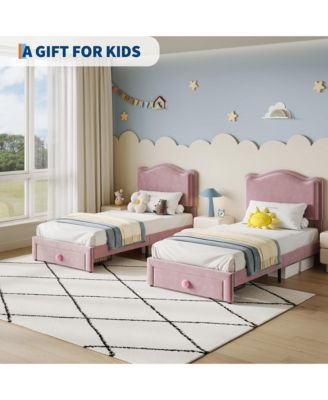 Upholstered Twin Bed Frame with Storage Drawer & Scallop Headboard, Princess Twin Size Platform Bed Frames