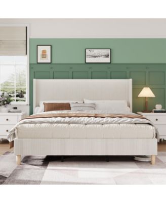King Bed Frame, Upholstered Platform Corduroy Bed Frame with Vertical Channel Tufted Wingback Headboard
