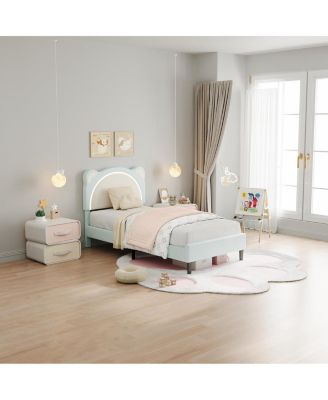 Twin Upholstered Bed for Kids – Adjustable Headboard with LED Light, Wooden Slats, No Box Spring, Blue