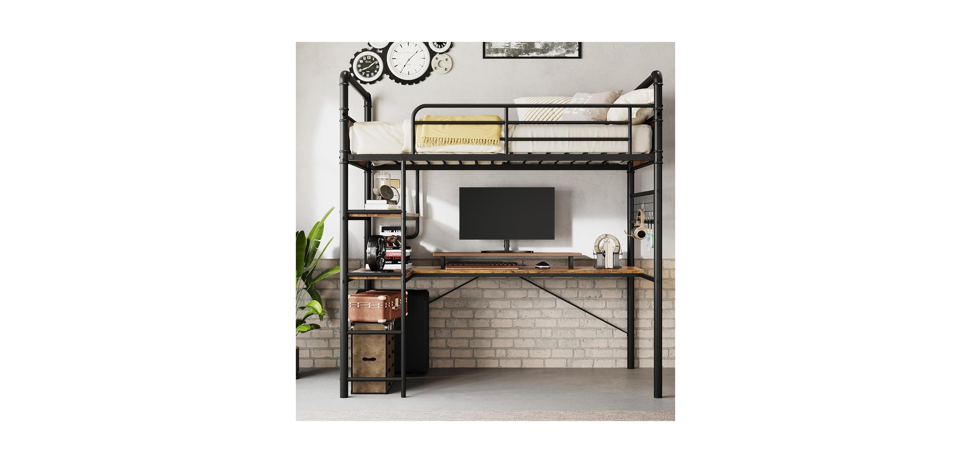 Gaomon Twin Loft Bed with L-Shaped Desk & Storage Shelf, Heavy Duty Metal Frame for Adults,Space Saving Design,Vintage Finish