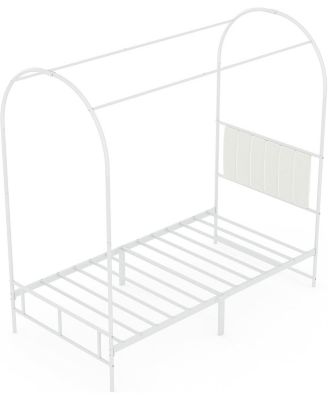 Twin Canopy Bed Frame, Metal Kids Platform with Upholstered Headboard, Strong Slats, Noise Free, Easy Assembly, White