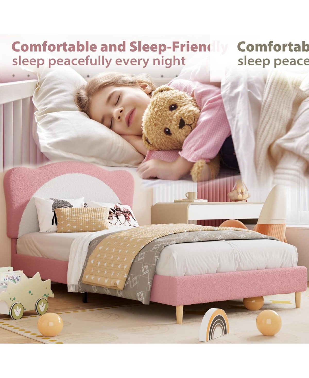gaomon Twin Kids Princess Platform Bed, Velvet Upholstered Design with Cute Headboard, Solid Wood Slat Support, No Box Spring Needed