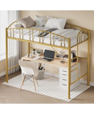Twin Metal Loft Bed with Arched Guardrails & Safety Ladder, Space-Saving Heavy-Duty Steel Frame, No Box Spring Required