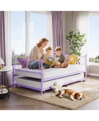Twin Metal Daybed with Trundle  , Durable Steel Slats, Compact Sofa Bed with Pull-Out Trundle for Small Spaces