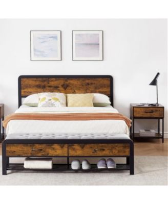 Queen Storage Bed with Headboard, 2 Hidden Drawers, Matching Ottoman, Heavy-Duty Metal Slats, Rounded Corner Design, Easy Setup