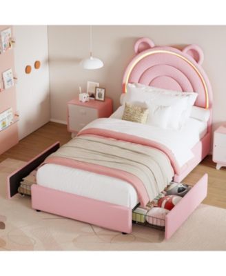 Princess Twin Bed Frame with 4 Storage Drawers, LED Lights, Velvet Platform Bed with Rainbow Headboard, Solid Wood Slats, No Box Spring, Pink