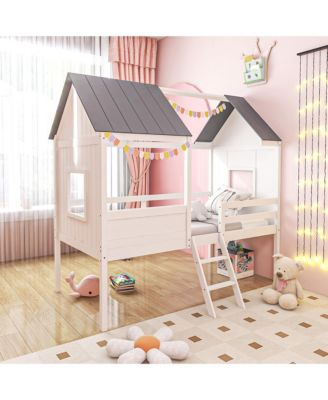 Twin Low House Bed Wooden Loft Bed with Ladder Roof Windows Slatted Support