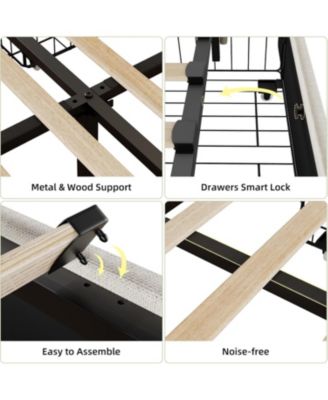 Upholstered Bed Frame with 4 Storage Drawers, Headboard and Storage, Platform Bed Frame with Charging Station & Wingback, No Box Spring Needed