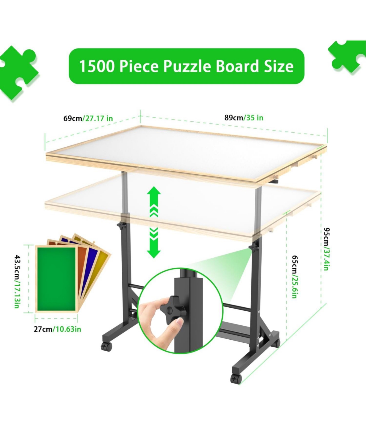 Flynama 34" Adjustable Puzzle Table with 360° Tilt, Storage Drawers & Protective Cover for 1500-Piece Puzzles, Height-Adjustable Mobile Work