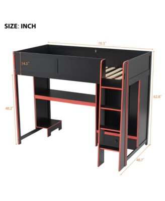 Black Wood Twin Size Loft Bed with BuiltIn Desk Wardrobe and Storage Drawer LED Lighting Space Saving Furniture for Kids and Teens Bedrooms