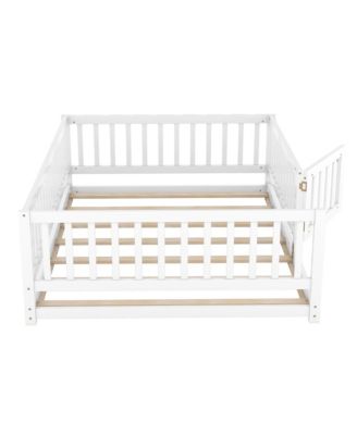 Pine Wood Full Size Floor Bed with Slats, Fence and Door, Montessori Floor Bed for Kids, Girls, Boys