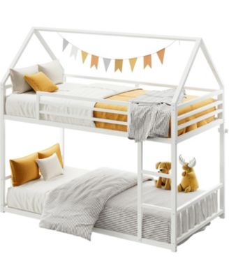 Bunk Bed Twin Over Twin with Ladder and Guardrail, House Shaped with Metal Slats for Dormitory and Bedroom
