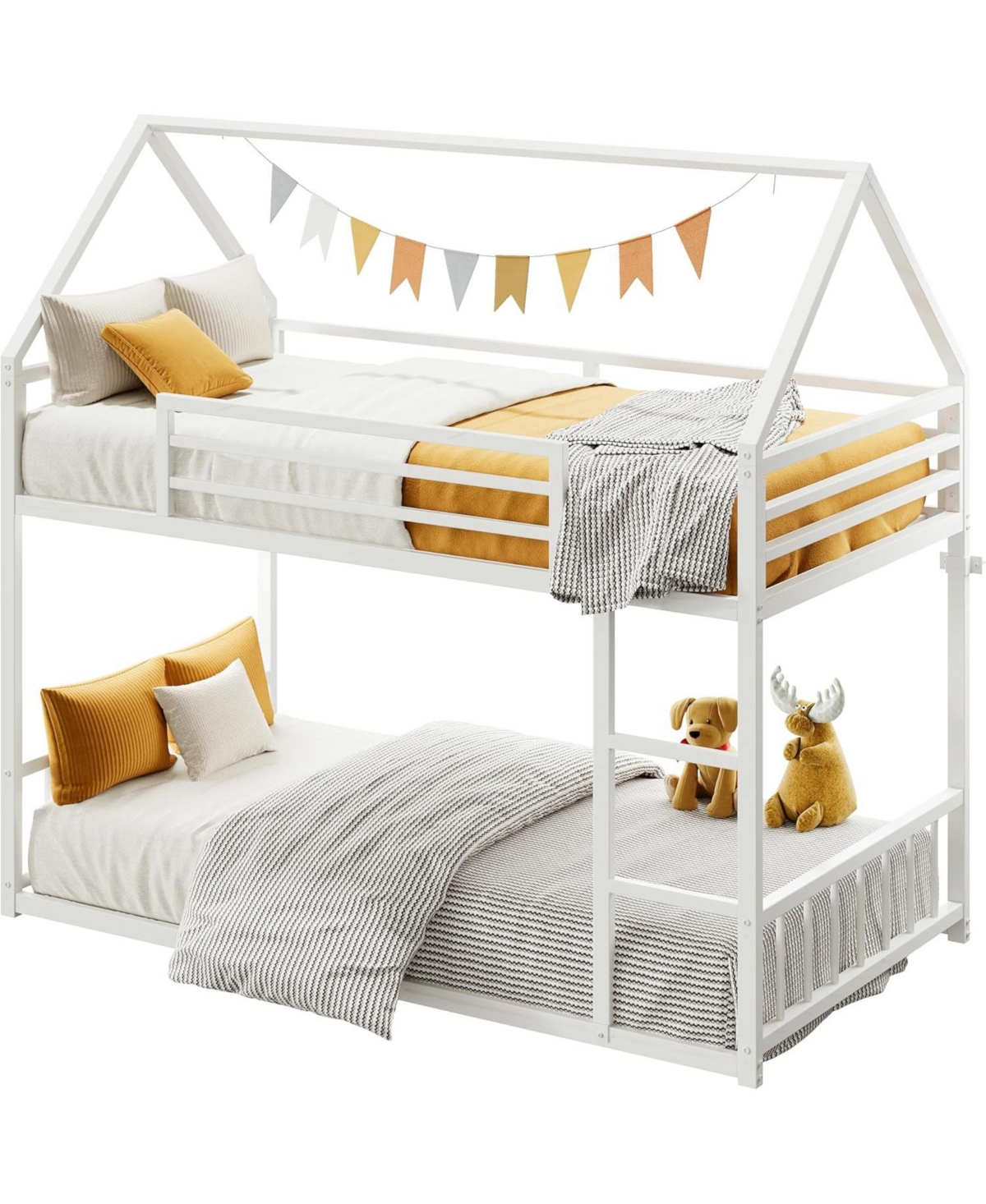 Likimio Bunk Bed Twin Over Twin with Ladder and Guardrail, House Shaped with Metal Slats for Dormitory and Bedroom