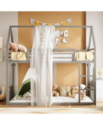 Bunk Bed Twin Over Twin, House Bunk Bed Frame with Ladder and Guardrail, House Shaped with Metal Slats for Dormitory and Bedroom
