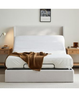 Streamdale Caron Queen Textured Ivory Canvas Chenille Wingback Bed Bundle Set