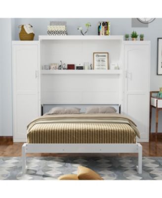 Queen Size Murphy Bed with 2 Wardrobes & Storage Shelf, White